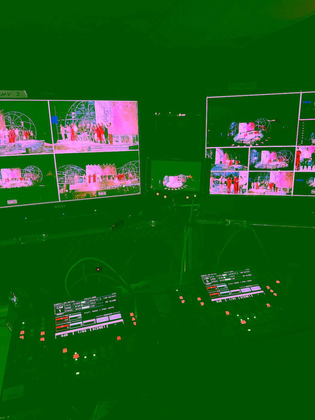 Regieplatz mit zwei Panasonic AW-RP150 Steuerpanels bei der FAUST-Premiere in Kiel